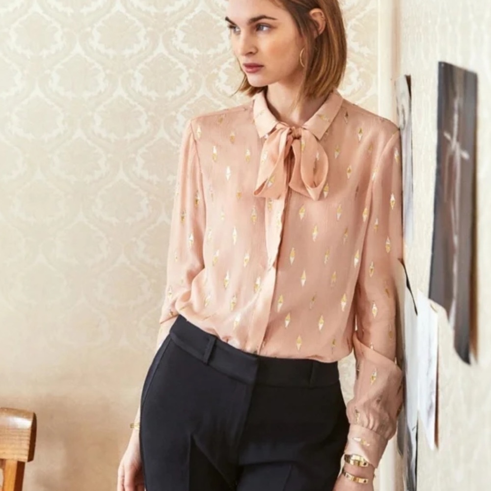 Sezane Silk Lady Shirt Neck Tie Nude Lurex Pink Size 34 French US 2 Blouse Long